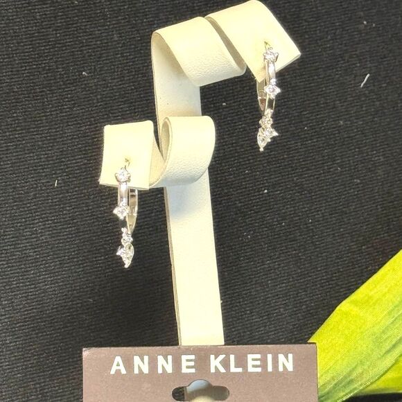 Anne Klein Silver and Crystal Dangle Huggy Earrings 1 inch - Picture 2 of 14